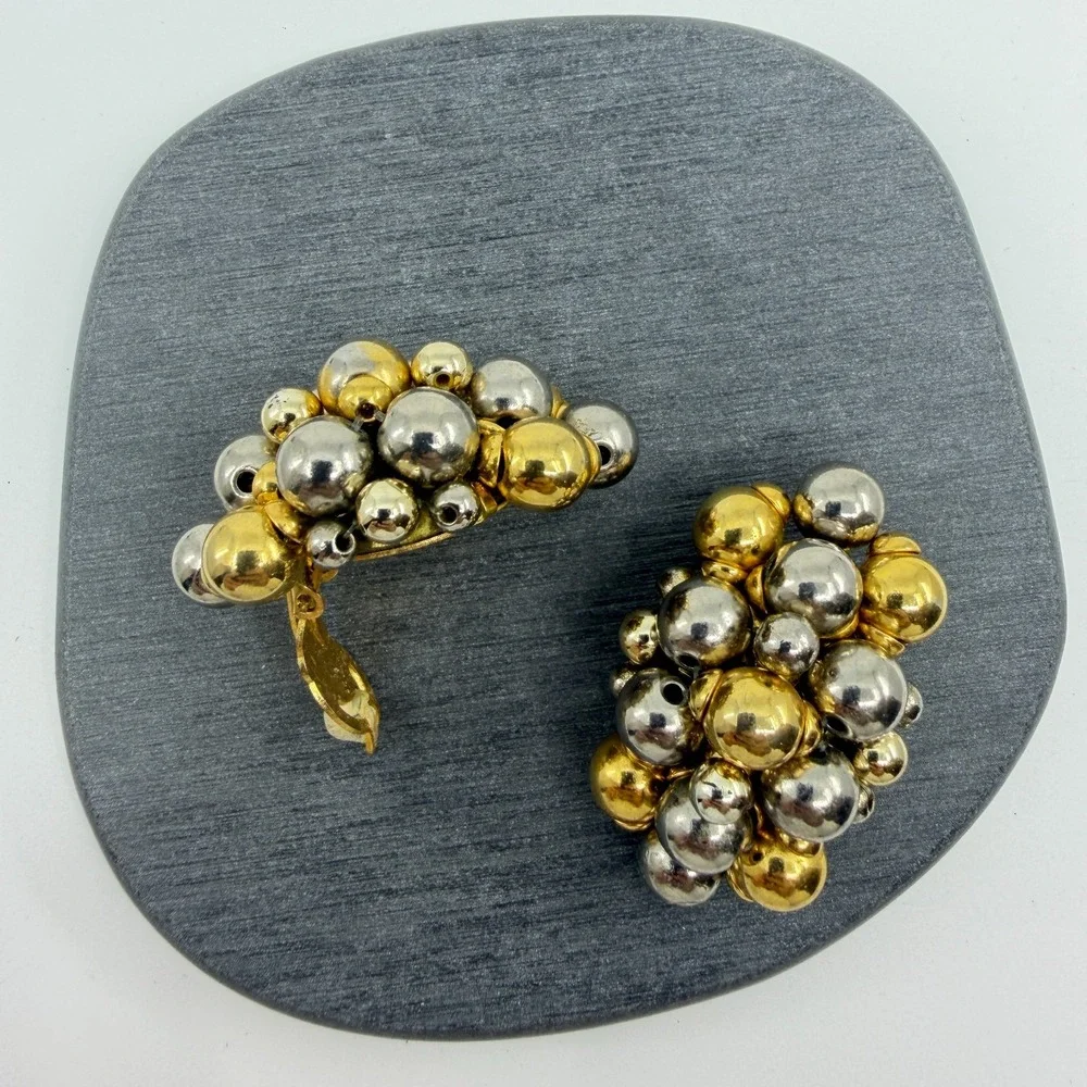 Gold & Silver Tone Bead Cluster Clip On Earrings Chunky Statement Jewelry Gift